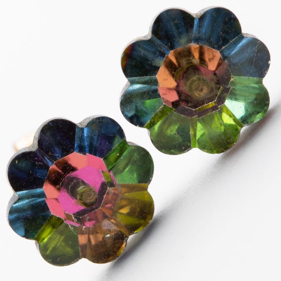 Vintage 9ct Yellow Gold Austrian Crystal Green & Pink Flower Stud Earrings