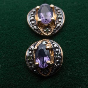 Gemporia 9ct Yellow Gold Amethyst Green Diamond Stud Earrings
