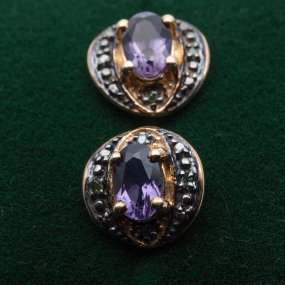 Gemporia 9ct Yellow Gold Amethyst Green Diamond Stud Earrings