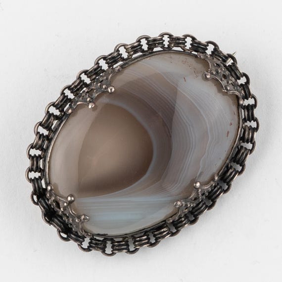 Antique Victorian Sterling Silver Montrose Agate Brooch
