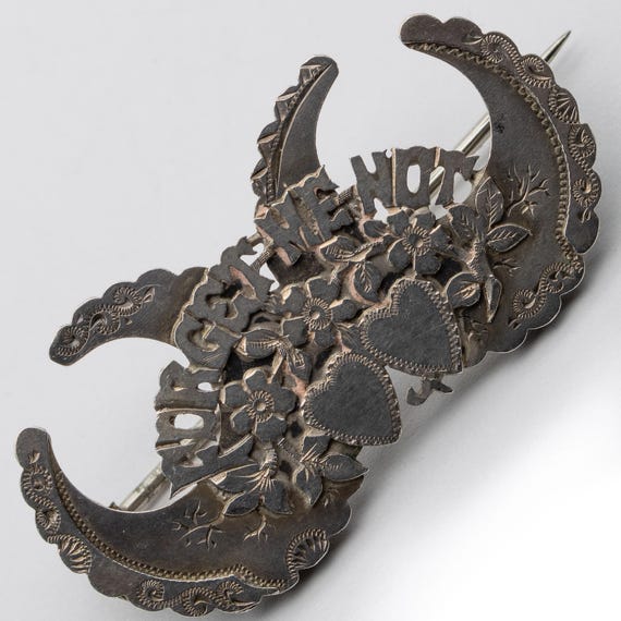 Antique Victorian Forget Me Not Crescent Moon Silver Sweetheart Brooch