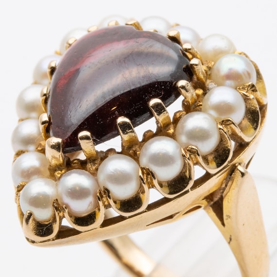 Vintage Victorian Revival 14ct Gold, Garnet & Pearl Heart Ring -  Size N