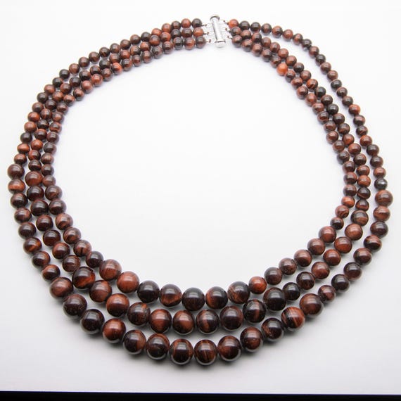 Vintage Red Tigers Eye Triple Strand Bead Necklace