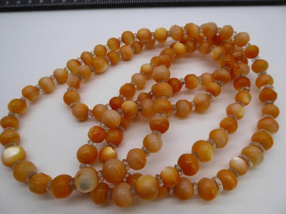 Antique Art Deco Orange Mother of Pearl Balamuti Flapper Bead Necklace