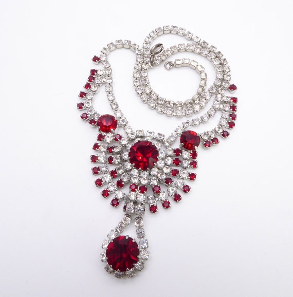Vintage Diamante Rhinestone Red Crystal Statement Cocktail Necklace - Kramer, Weiss?