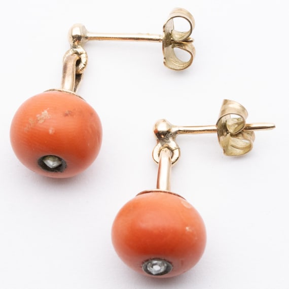 Antique Victorian Gold Coral & Rose Cut Diamond Button earrings