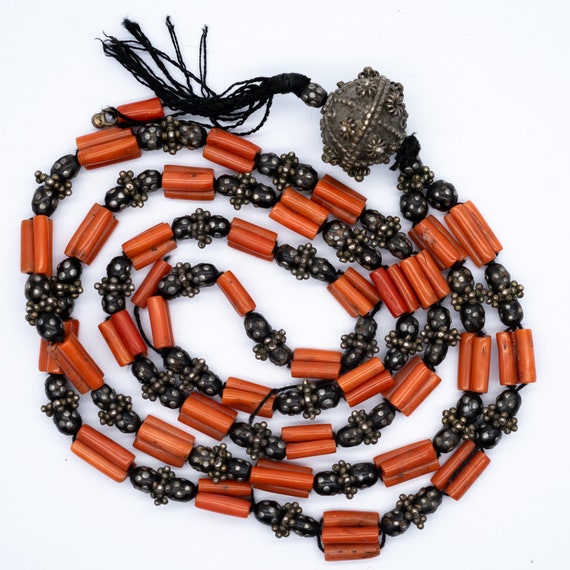 Antique Vintage Berber Coral & Silver Bead Tassel Necklace