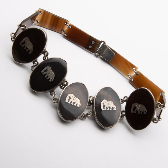 Antique Art Deco African Silver Celluloid Elephant Bracelet