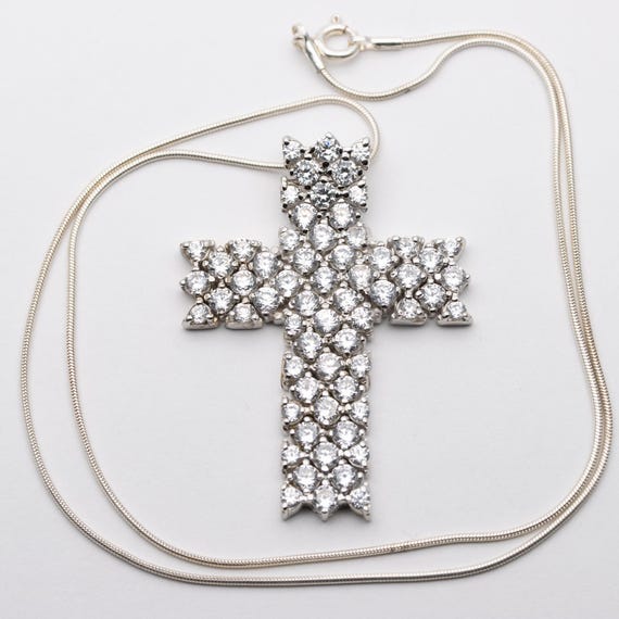 Vintage Sterling Silver Articulated CZ Cross Pendant Necklace
