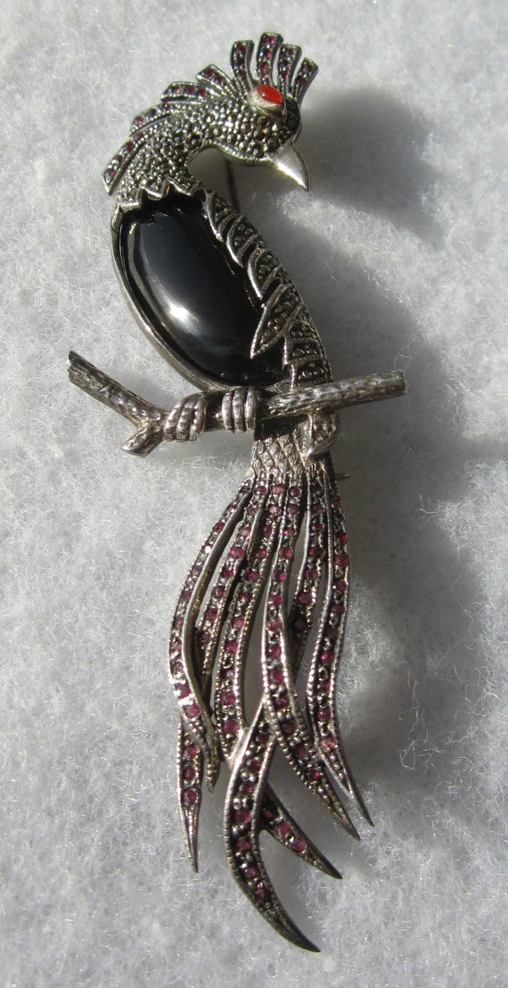 Vintage Sterling Silver Marcasite, Onyx & Ruby Bird of Paradise Brooch