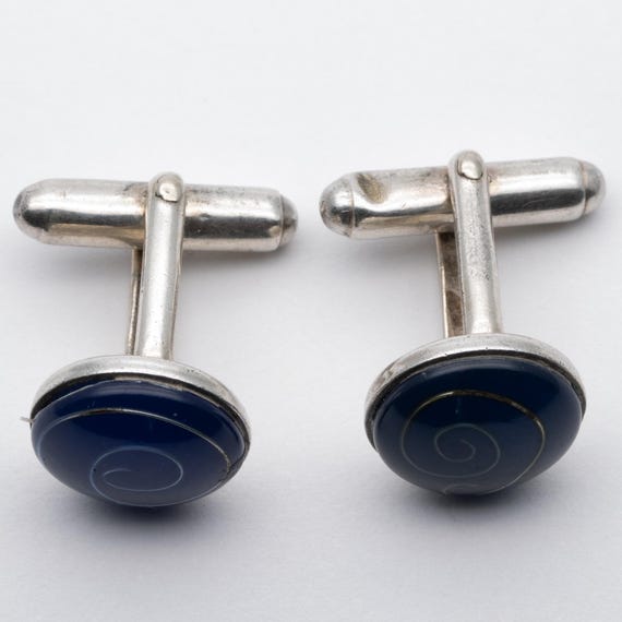Vintage Sterling Silver Blue Glass Swirl Cufflinks