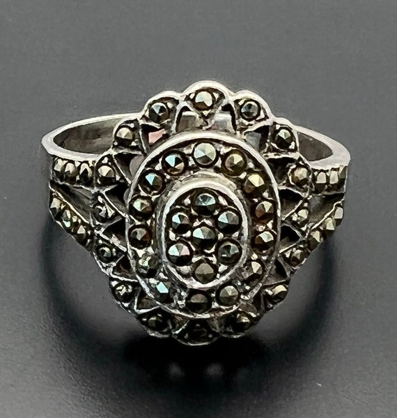 Vintage Retro Sterling Silver Marcasite Cocktail Ring – Size R
