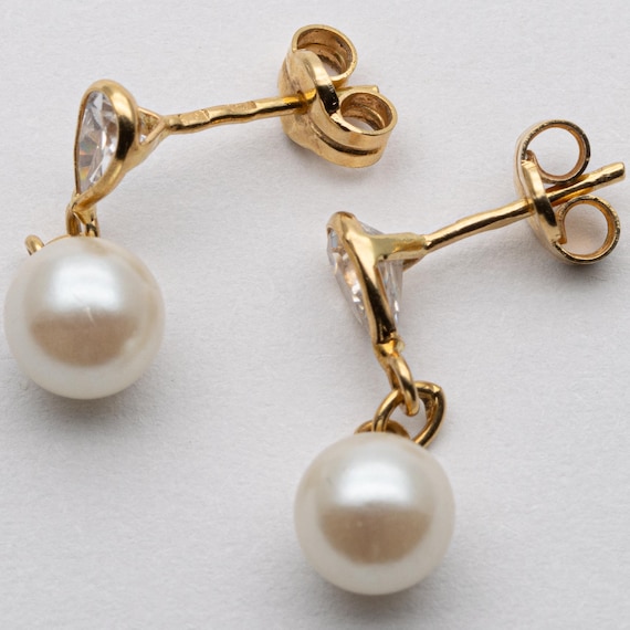 Vintage Portuguese 18ct Yellow Gold Faux Pearl CZ Drop Earrings