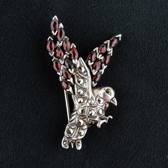 Vintage Silver Garnet Marcasite Pigeon Fanciers Brooch