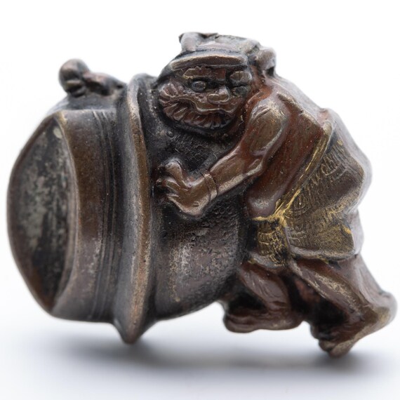 Antique Japanese Meiji Bronze Sumo Miniature Escape Compass Netsuke