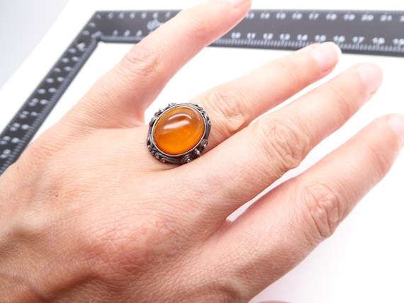 Vintage C1930s Sterling Silver Amber Ring – Size N