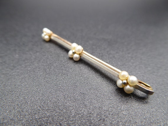 Antique Art Deco 15ct Yellow Gold & Platinum Quatrefoil Seed Pearl Bar Brooch