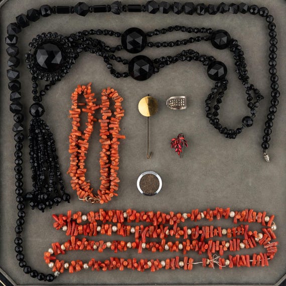 Job Lot Antique Victorian Coral Whitby & French Jet Necklaces