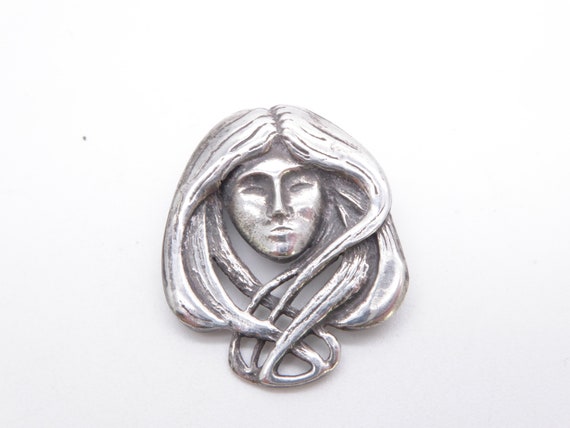 Vintage Ortak Malcolm Gray Art Nouveau Style Sterling Silver Lady Brooch