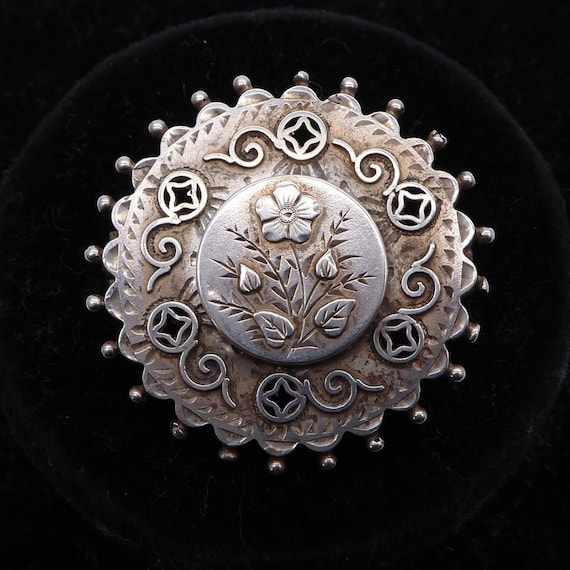 Antique Victorian Etruscan Sterling Silver Floral Target Brooch