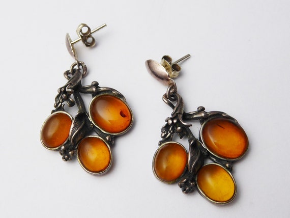 Vintage Polish Silver & Amber Drop Earrings