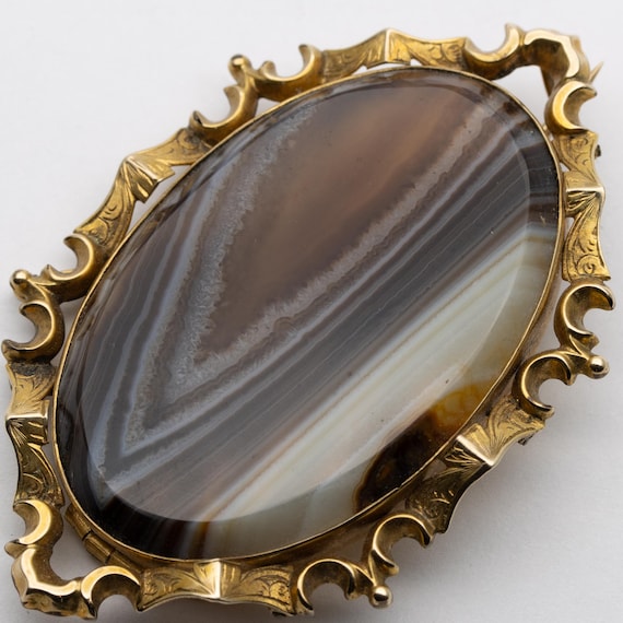 Antique Victorian Rolled Gold Banded Agate Brooch