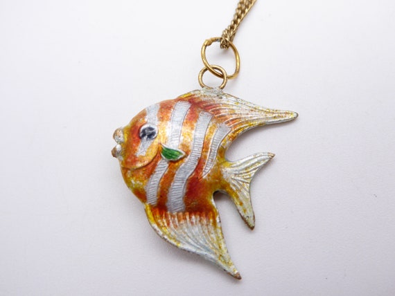 Vintage Enamel Angel Fish Pendant Necklace