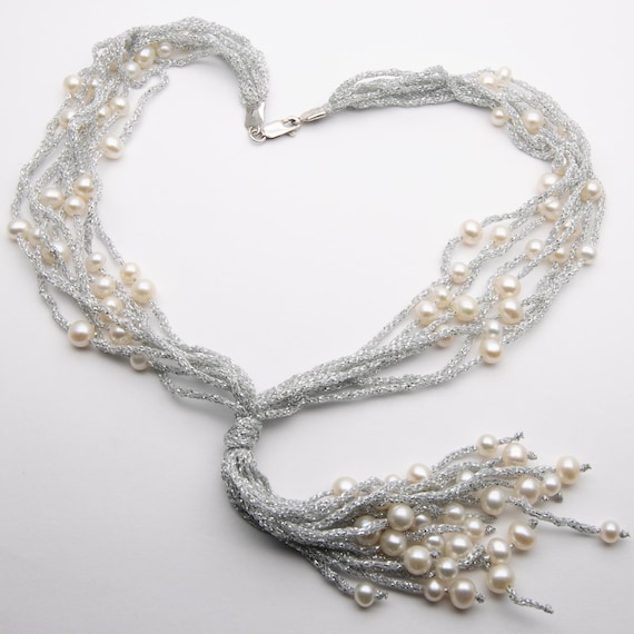 Vintage Sterling Silver & Cultured Pearl Tassel Necklace