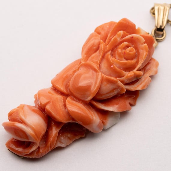 Vintage 9ct Yellow Gold Angel Skin Coral Rose Pendant - NO CHAIN