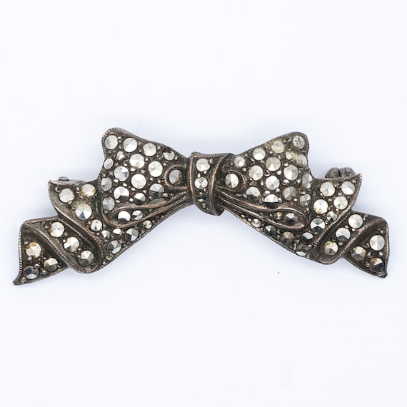 Vintage Retro Sterling Silver Marcasite Bow Brooch