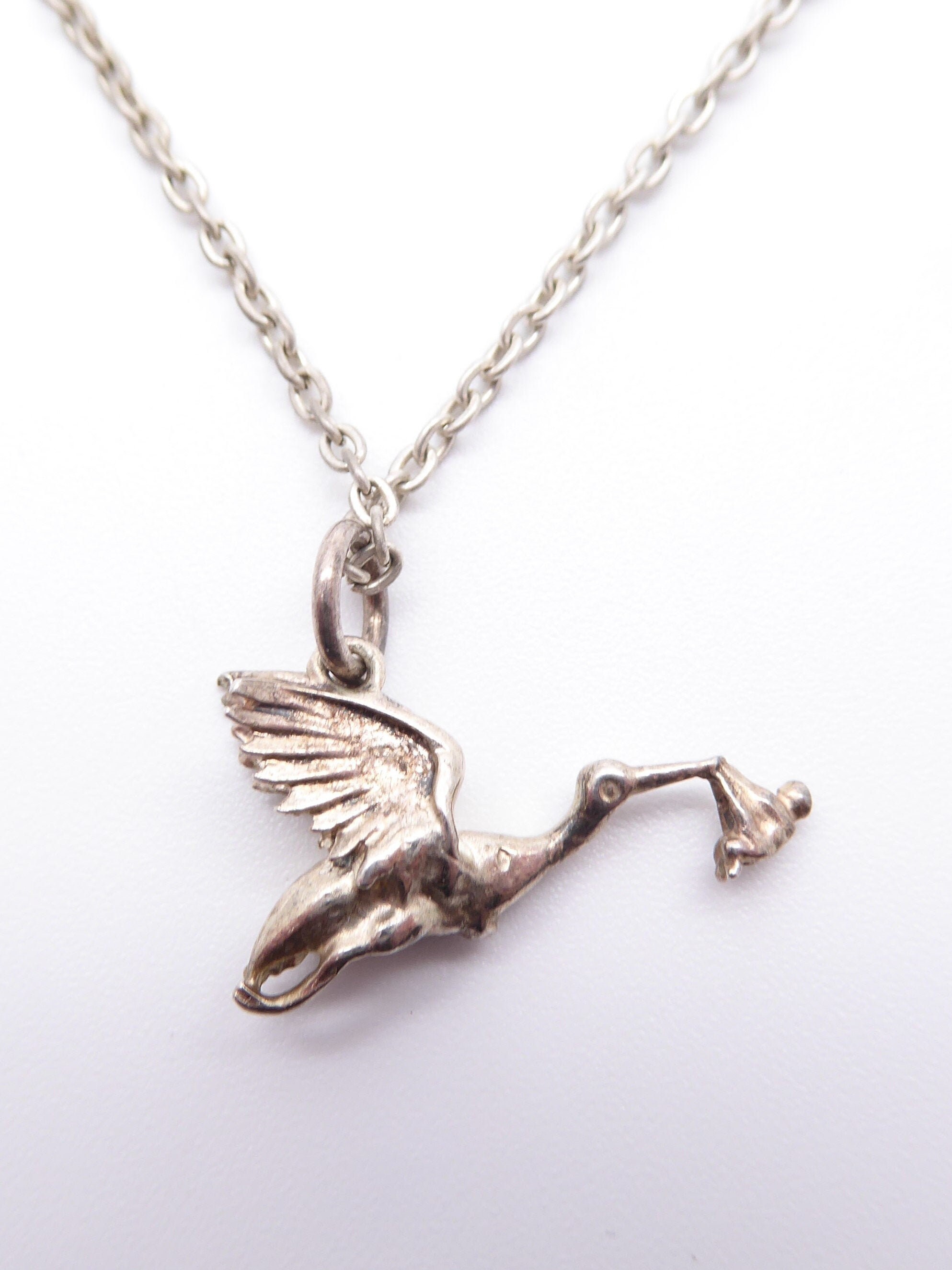 Vintage Sterling Silver Plated Stork & Baby Delivery Necklace