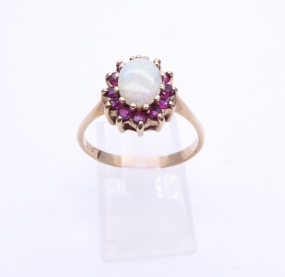 Vintage 9ct Yellow Gold Opal Ruby Cluster Ring – Size Q