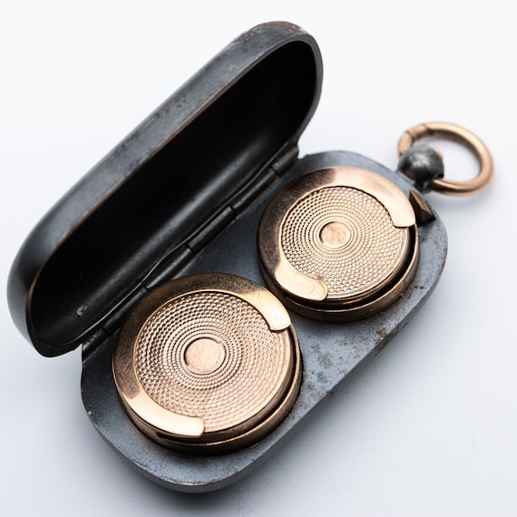 Antique French Victorian Gunmetal & Rolled Rose Gold Double Sovereign Louis D’Or Coin Case