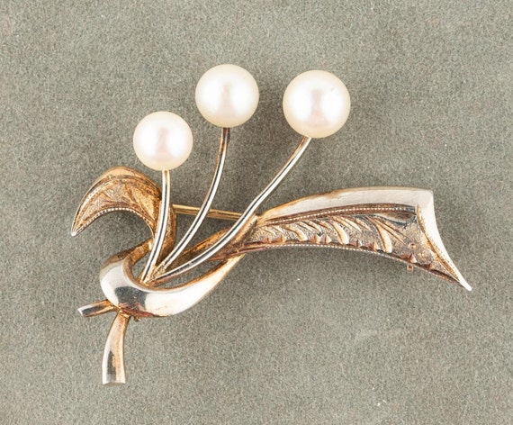 Vintage Sterling Silver Gilt & Akoya Cultured Pearl Brooch
