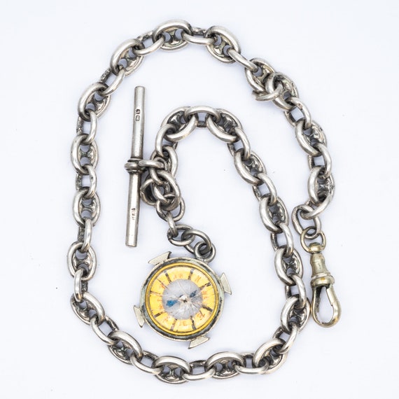 Antique Edwardian Sterling Silver Rare Anchor Link Watch Chain & Compass