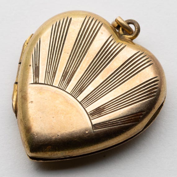 Vintage C1940s 9ct Rolled Gold Rising Sun Heart Locket Pendant
