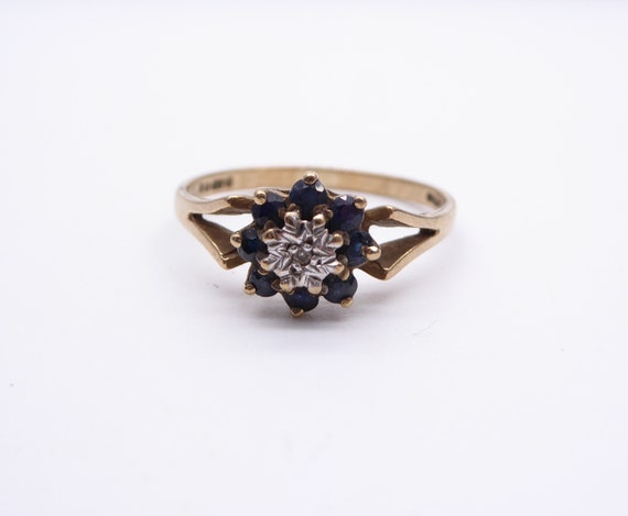 Vintage 9ct Yellow Gold Sapphire & Diamond Cluster Ring – Size N