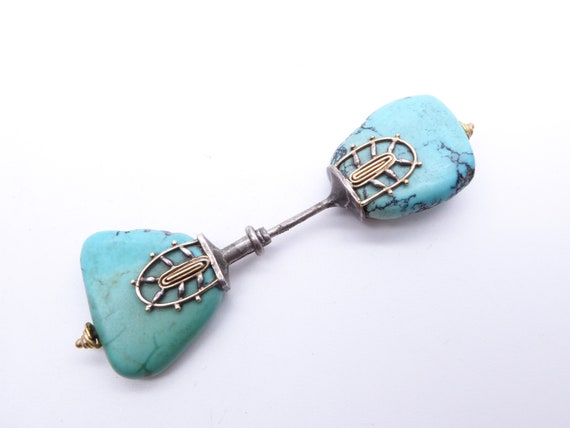 Antique Art Deco Natural Turquoise Silver Gold Jabot Pin