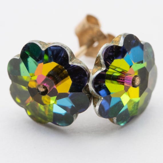 Vintage 9ct Yellow Gold Austrian Crystal Green & Pink Flower Stud Earrings