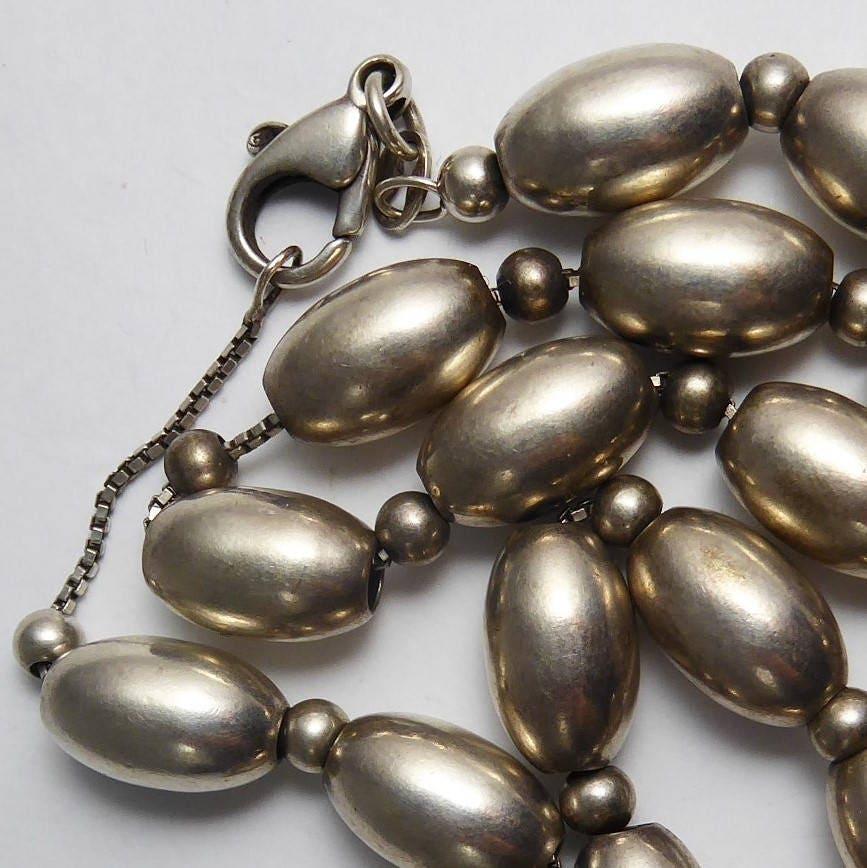 Vintage Sterling Silver Oval Bead Necklace on Box Chain