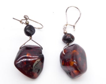 Antique Vintage Silver Baltic Amber Drop Earrings