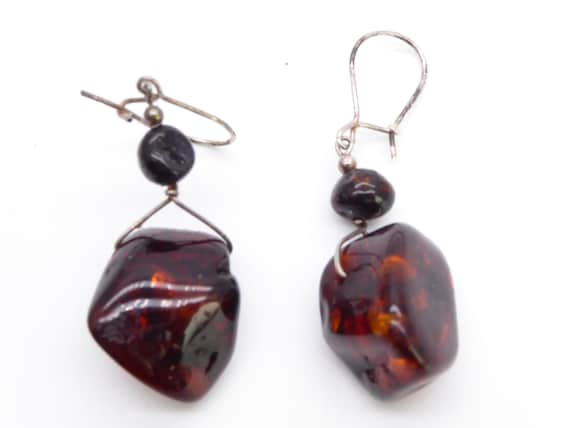 Antique Vintage Silver Baltic Amber Drop Earrings