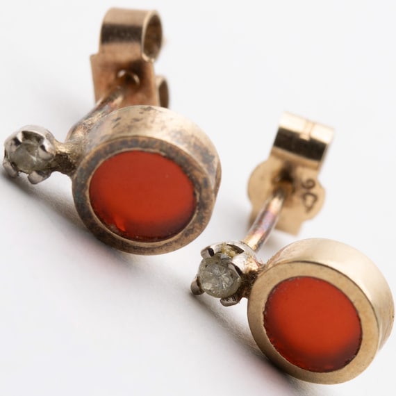 Vintage 9ct Yellow Gold Carnelian Agate Diamond Stud Earrings
