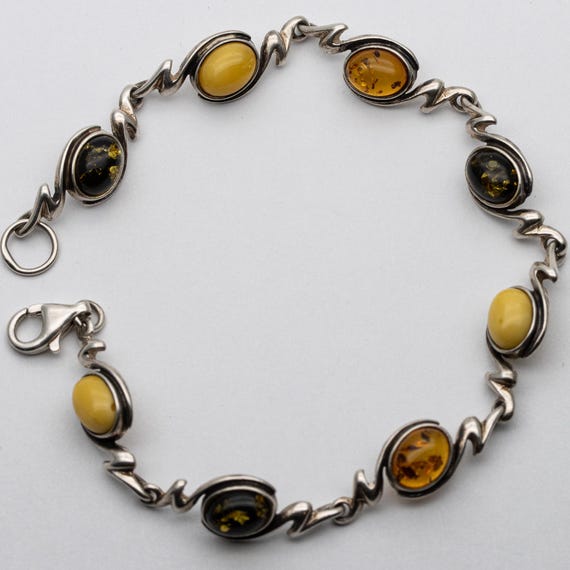 Vintage Sterling Silver Polish Cognac, Butterscotch, Egg Yolk, Green Amber Bracelet