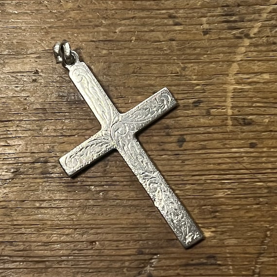 Large Vintage Sterling Silver Bright Cut Cross Pendant