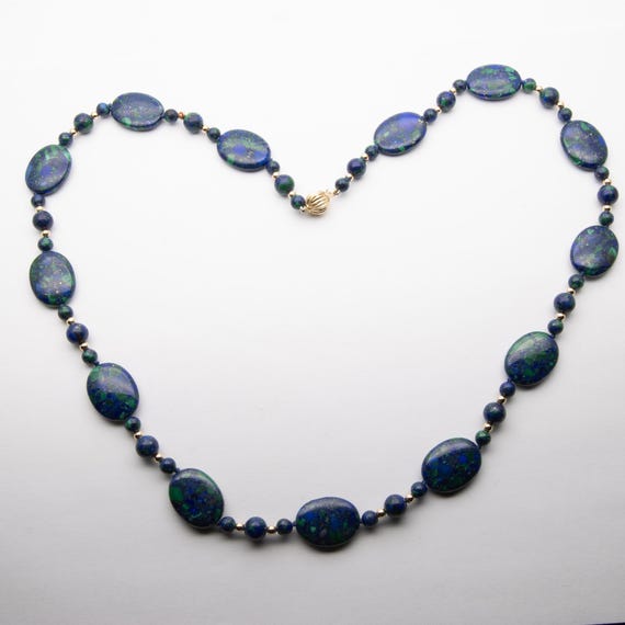 Vintage 14ct Yellow Gold Lapis Lazuli & Malachite Bead Necklace