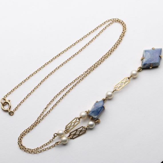 Antique Art Deco 9ct Yellow Gold Blue Jasper and Faux Pearl Necklet Necklace