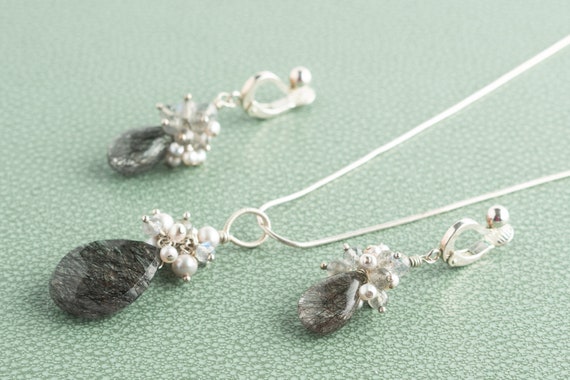 Vintage Sterling Silver, Pearl, Rutilated Quartz, Moonstone Necklace & Clip On Earrings