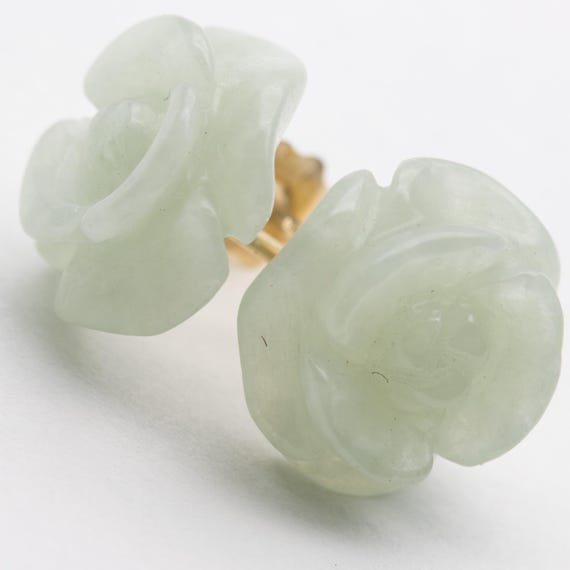 Vintage 14ct Yellow Gold Green Jade Jadeite Flower Stud Earrings