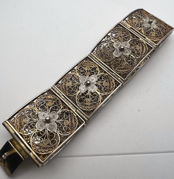 Antique 800 Silver Gilt Filigree Bracelet - Flowers